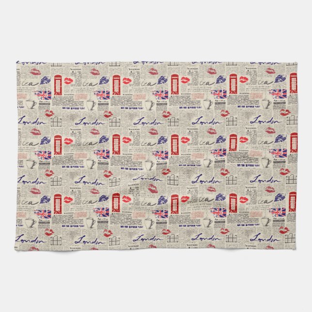 London Themed Seamless Pattern with Phone Booths Kitchen Towel (Horizontal)