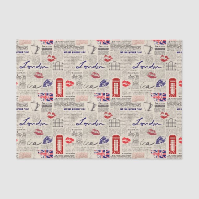 London Themed Seamless Pattern with Phone Booths Tissue Paper (Front)
