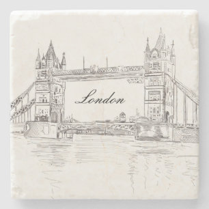 London Tower Bridge Black Ink Classic Drawing Stone Coaster