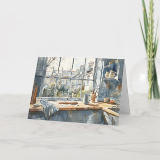 London Townhouse Kitchen Watercolor with Garden Thank You Card
