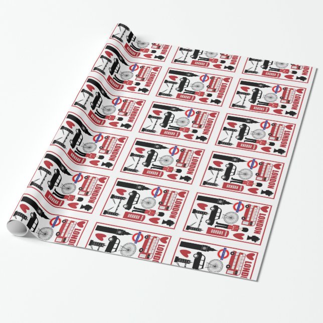 London UK Icons Gift Wrap, Red, Black, Union Jack Wrapping Paper (Unrolled)
