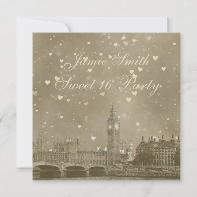 London UK Skyline Dist Grey White Heart Sweet 16 Invitation (Front)