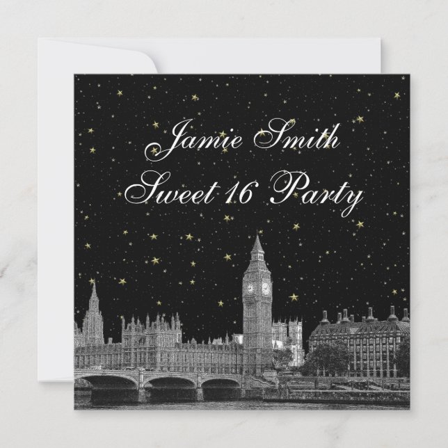 London UK Skyline Etched Starry DIY BG Sweet 16 Invitation (Front)