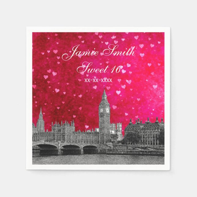 London UK Skyline Hot Pink Red Heart Sweet 16 Napkin (Front)