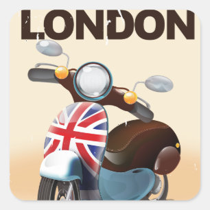 London vintage scooter union jack travel poster. square sticker