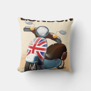 London vintage scooter union jack travel poster. throw pillow