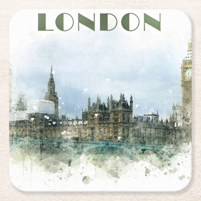 London watercolor illustration square paper coaster (Front)