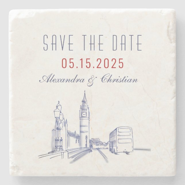 London Wedding Save The Date Invitation Stone Coaster (Front)