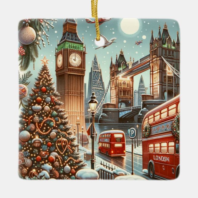 London's Festive Splendor - Vibrant Christmas Car Ceramic Ornament (Front)