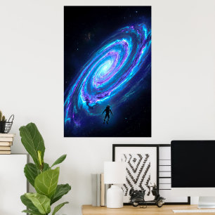 Lone Astronaut Glowing Cosmic Spiral Galaxy Poster
