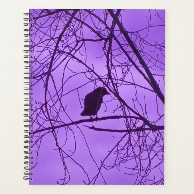 Lone Black Crow Silhouette in Trees Purple Sky Planner (Front)