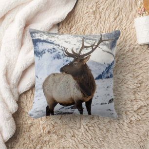 Lone Bull Elk in Snow Yellowstone National Park Throw Pillow
