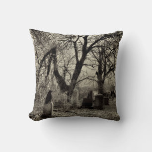 Lone Crow Sitting On A Tombstone Throw Pillow