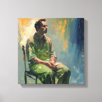 lone figure seated sparsely furnished room.... canvas print