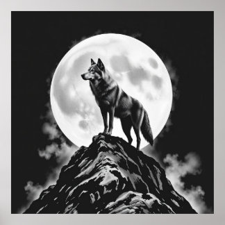 Lone Howl: Wolf and Full Moon Charcoal Art Poster