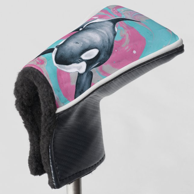 Lone Orca whale Marble Teal Pink Golf Head Cover (3/4 Front)