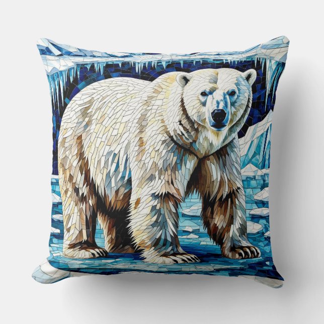 Lone Polar Bear On Ice In Dramatic Arctic Cave Throw Pillow (Front)