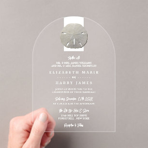 Lone Sand Dollar - Charcoal Gray - Beach Wedding Acrylic Invitations