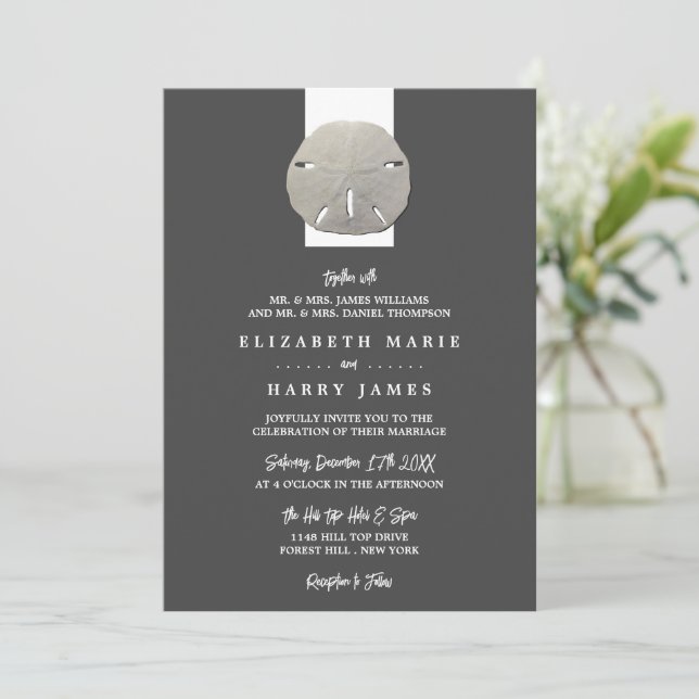 Lone Sand Dollar - Charcoal Gray - Beach Wedding Invitation (Standing Front)