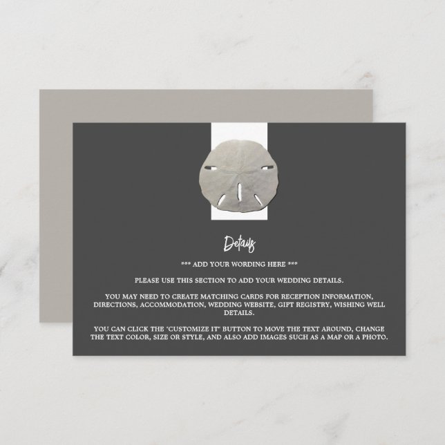 Lone Sand Dollar - Charcoal Gray - Wedding Detail Enclosure Card (Front/Back)