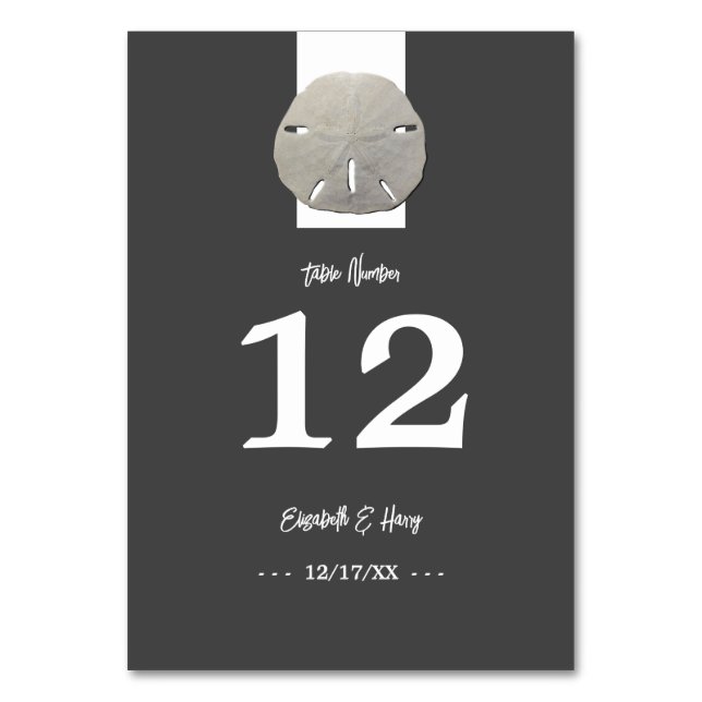 Lone Sand Dollar, Charcoal Gray, Wedding Table Number (Front)