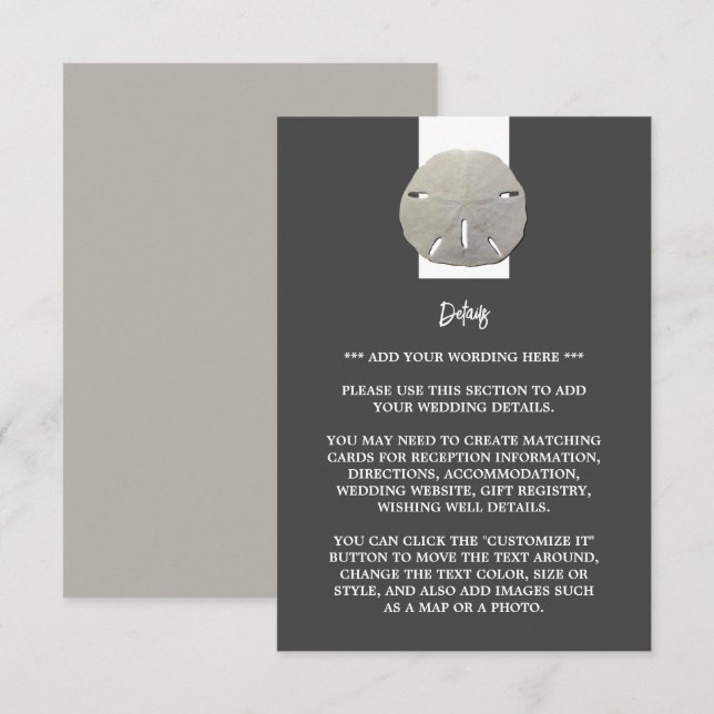 Lone Sand Dollar - Charcoal Grey - Wedding Detail Enclosure Card (Front/Back)