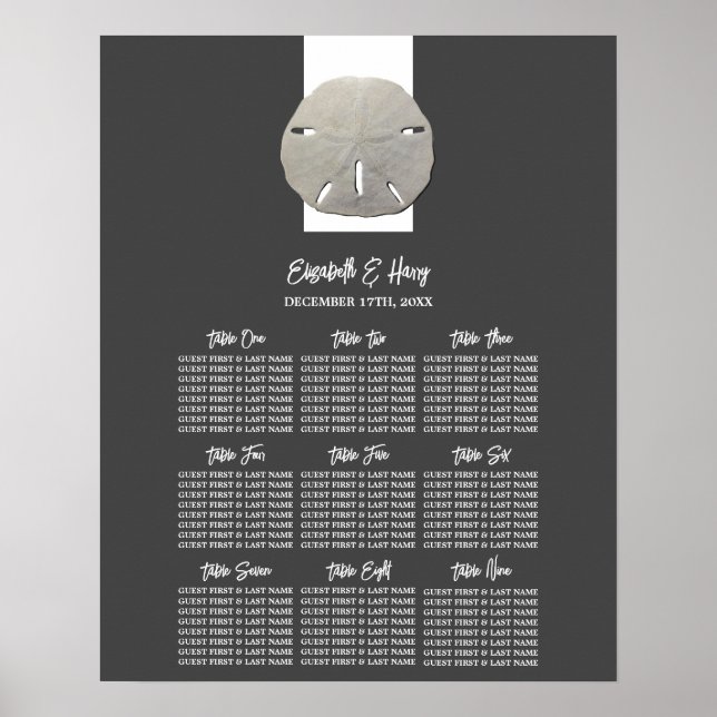 Lone Sand Dollar, Charcoal, Wedding Seating Chart (Front)