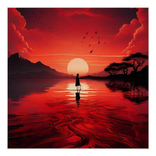 Lone Silhouette at Red Sunset – Serene Reflection Poster (Front)