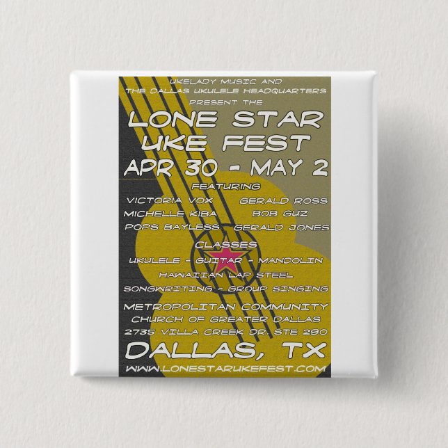 Lone Star Uke Fest Poster Art 2 Inch Square Button (Front)