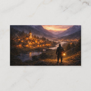 Lone Traveler Reaching Glowing Village Business Card