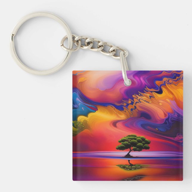 Lone Tree in Water colourful sky Keychain (Front)
