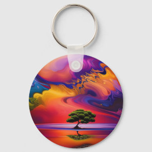 Lone Tree in Water colourful sky Keychain