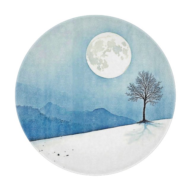 Lone Tree: Serene Full Moon Silence Art Cutting Board (Front)