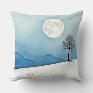 Lone Tree: Serene Full Moon Silence Art Throw Pillow
