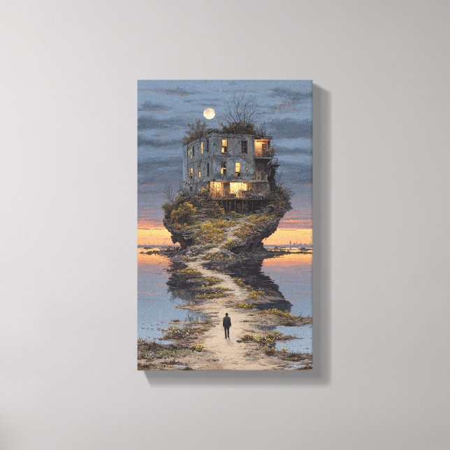Lone Walker Surreal Floating Ruin Moon Canvas Print (Front)