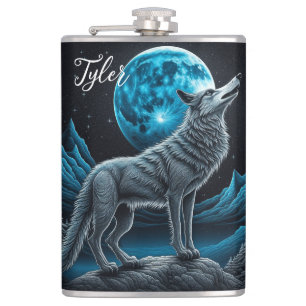 Lone Wolf and Full Moon Black and Blue Hip Flask