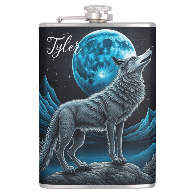 Lone Wolf and Full Moon Black and Blue Hip Flask (Front)