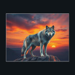 Lone Wolf at Sunset Invitation Postcard<br><div class="desc">A stunning artwork of a lone wolf standing majestically on a cliff during a blazing sunset. This design captures the essence of independence,  strength,  and serenity – perfect for those who walk their own path</div>