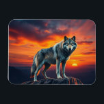 Lone Wolf at Sunset Magnet<br><div class="desc">A stunning artwork of a lone wolf standing majestically on a cliff during a blazing sunset. This design captures the essence of independence, strength, and serenity – perfect for those who walk their own path</div>