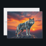 Lone Wolf at Sunset Postcard<br><div class="desc">A stunning artwork of a lone wolf standing majestically on a cliff during a blazing sunset. This design captures the essence of independence, strength, and serenity – perfect for those who walk their own path</div>