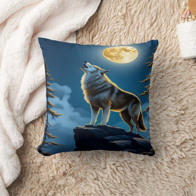Lone Wolf Howling Beneath A Full Moon Throw Pillow (Blanket)
