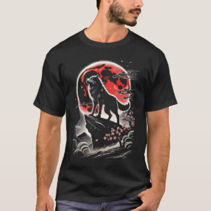 Lone Wolf In Red Moon - Japanese Anime Tattoo Art T-Shirt