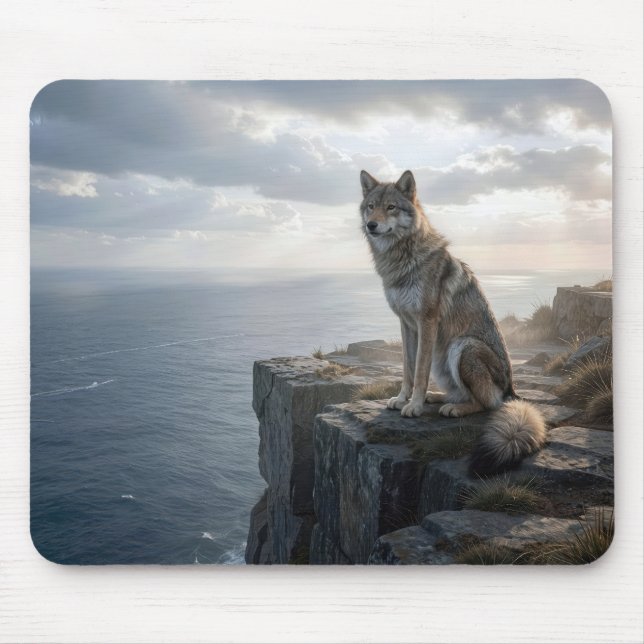 Lone Wolf On an Rocky Ocean Cliff Mouse Pad (Front)