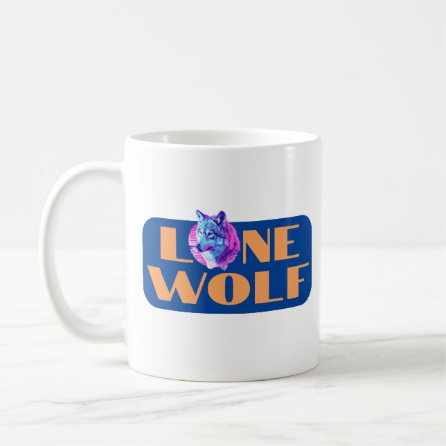 Lone Wolf or Your Message, Large Orange Text, Blue Coffee Mug (Left)