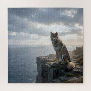 Lone Wolf Sits on a Rocky Ocean Cliff Jigsaw Puzzle