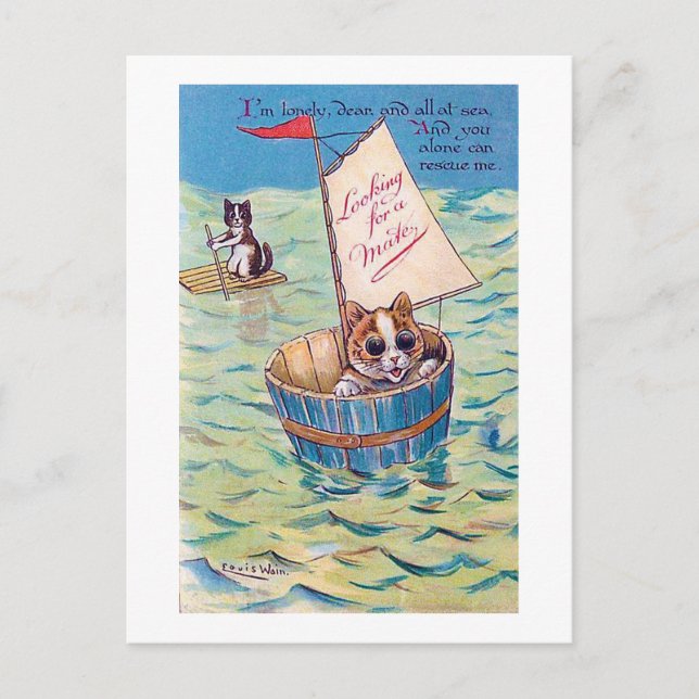 Lonely Cat at Sea, Louis Wain Postcard (Front)