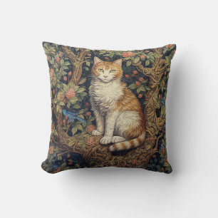Lonely Cat In Tree, In The Style Of William Morris Throw Pillow