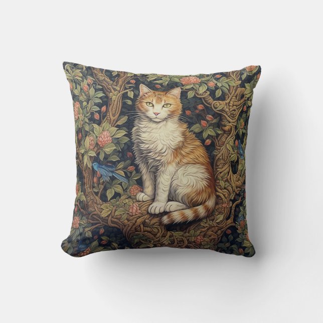 Lonely Cat In Tree, In The Style Of William Morris Throw Pillow (Front)