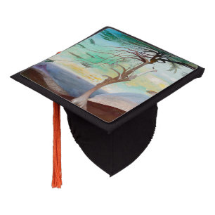 Lonely Cedar Tree Landscape Painting Graduation Cap Topper
