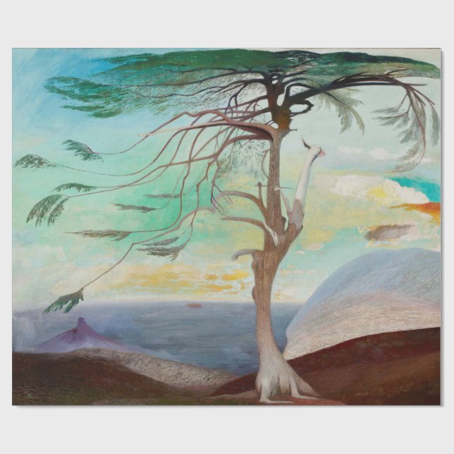 Lonely Cedar Tree Landscape Painting Wrapping Paper (Flat)